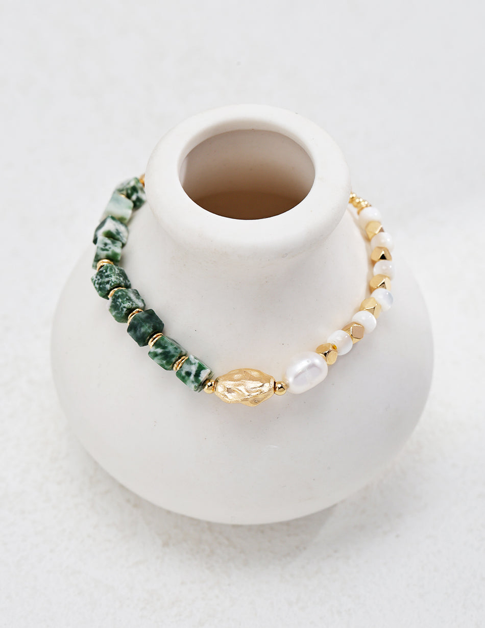 S925 Sterling Silver Bracelet with Moss Green Jasper & Natural Pearl – Elegant & Mystical