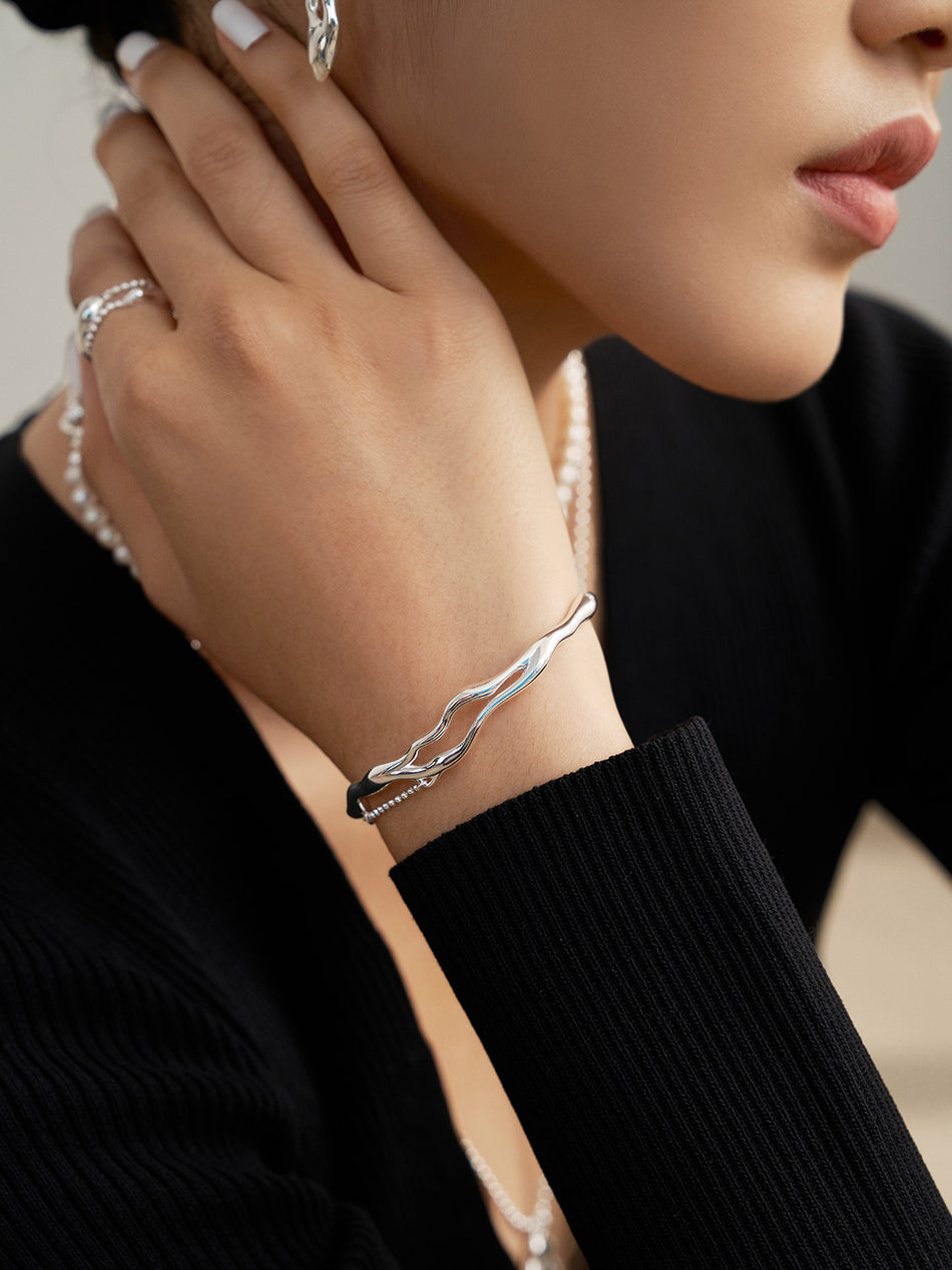 S925 Sterling Silver Ring & Bangle Set — Natural Flowing Design, Minimal Elegance