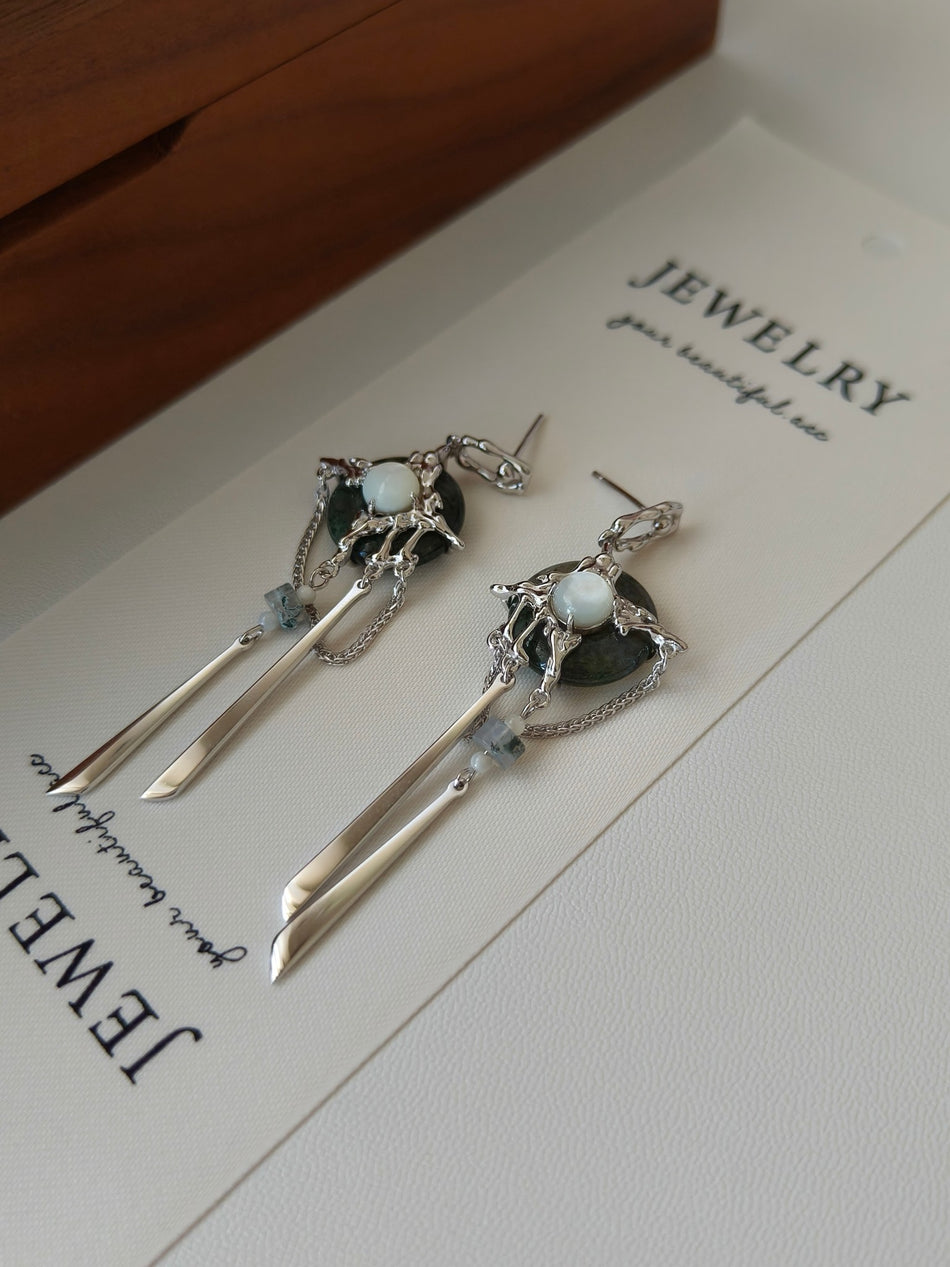 S925 Moss Agate & Pearl Hairpin + Earring Set
