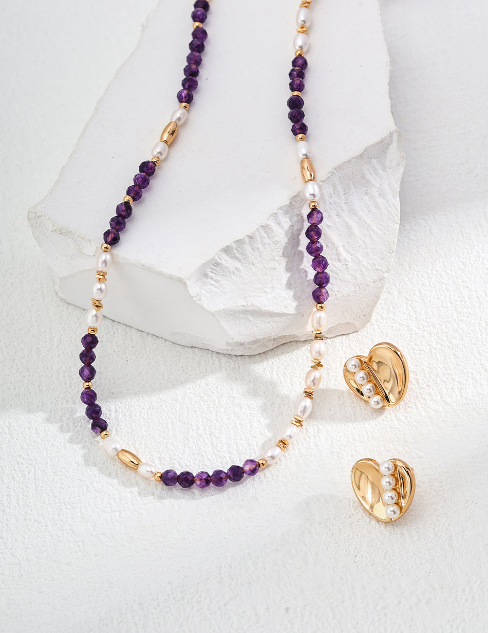 S925 Silver Vintage Necklace with Natural Pearls & Amethyst Beads
