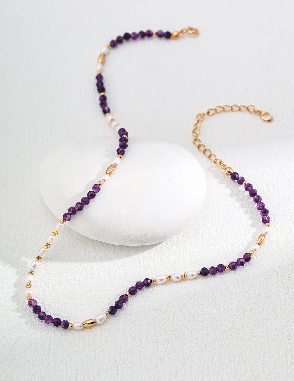 S925 Silver Vintage Necklace with Natural Pearls & Amethyst Beads