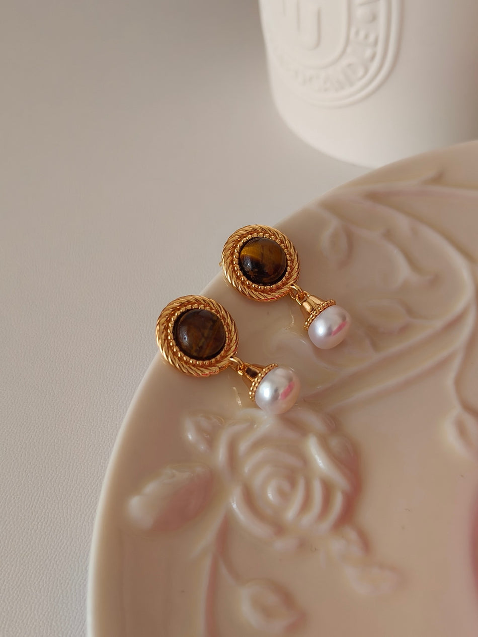 Sterling Silver Tiger’s Eye & Pearl Earrings | Vintage Royal Elegance