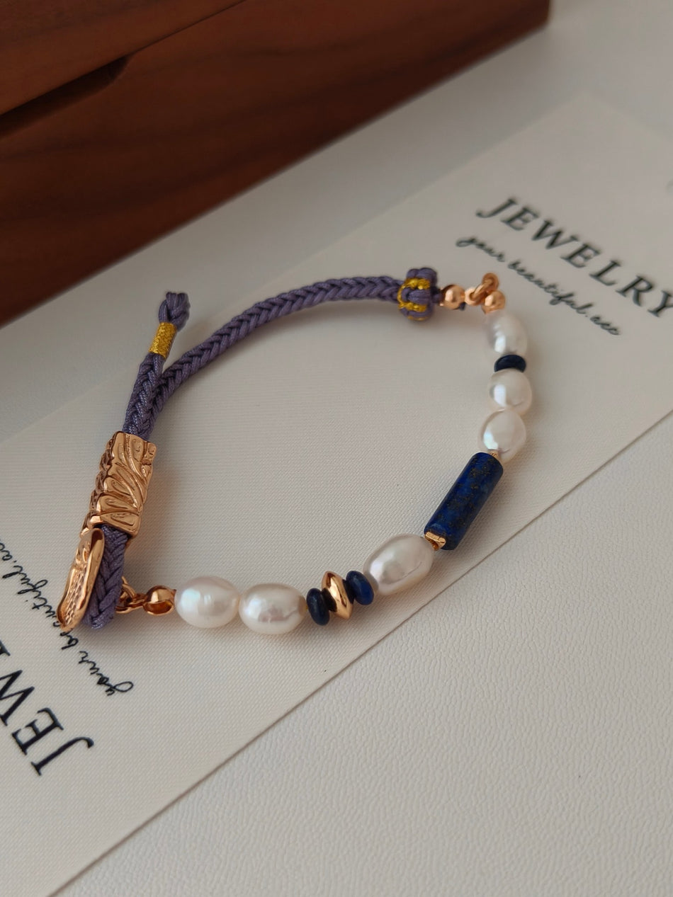 Timeless Elegance S925 Silver Lapis Lazuli & Pearl Adjustable Bracelet