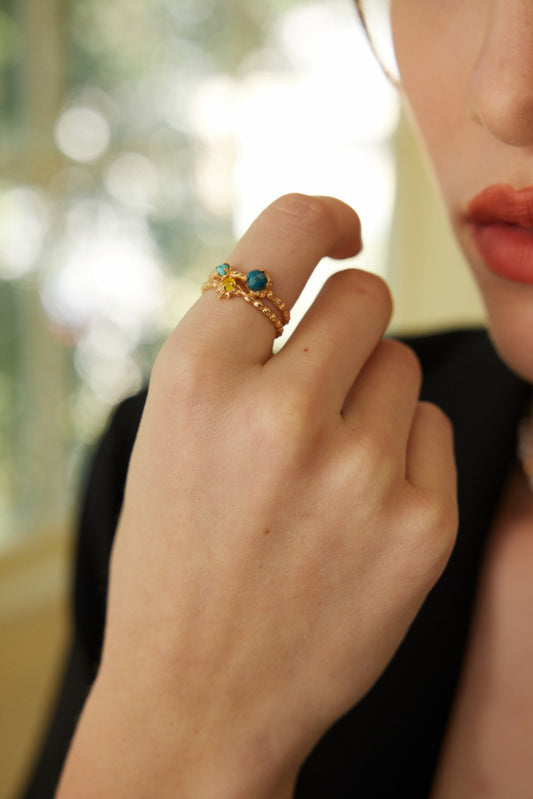 S925 Vintage Gold Ring – Amazonite, Yellow Chalcedony & Apatite