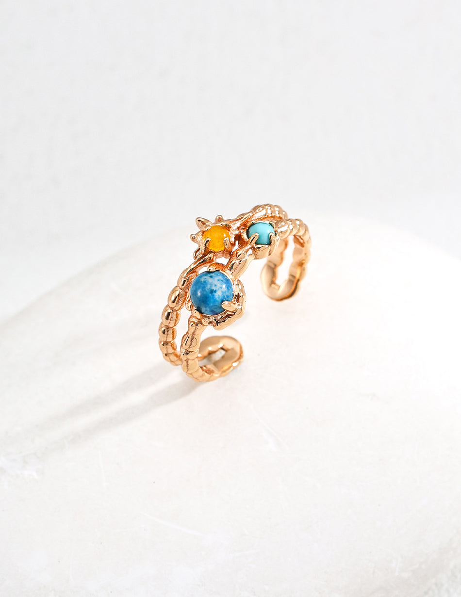 S925 Vintage Gold Ring – Amazonite, Yellow Chalcedony & Apatite
