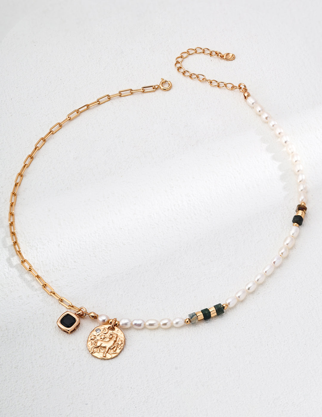 S925 Gold-Plated Natural Pearl & Moss Agate Statement Necklace
