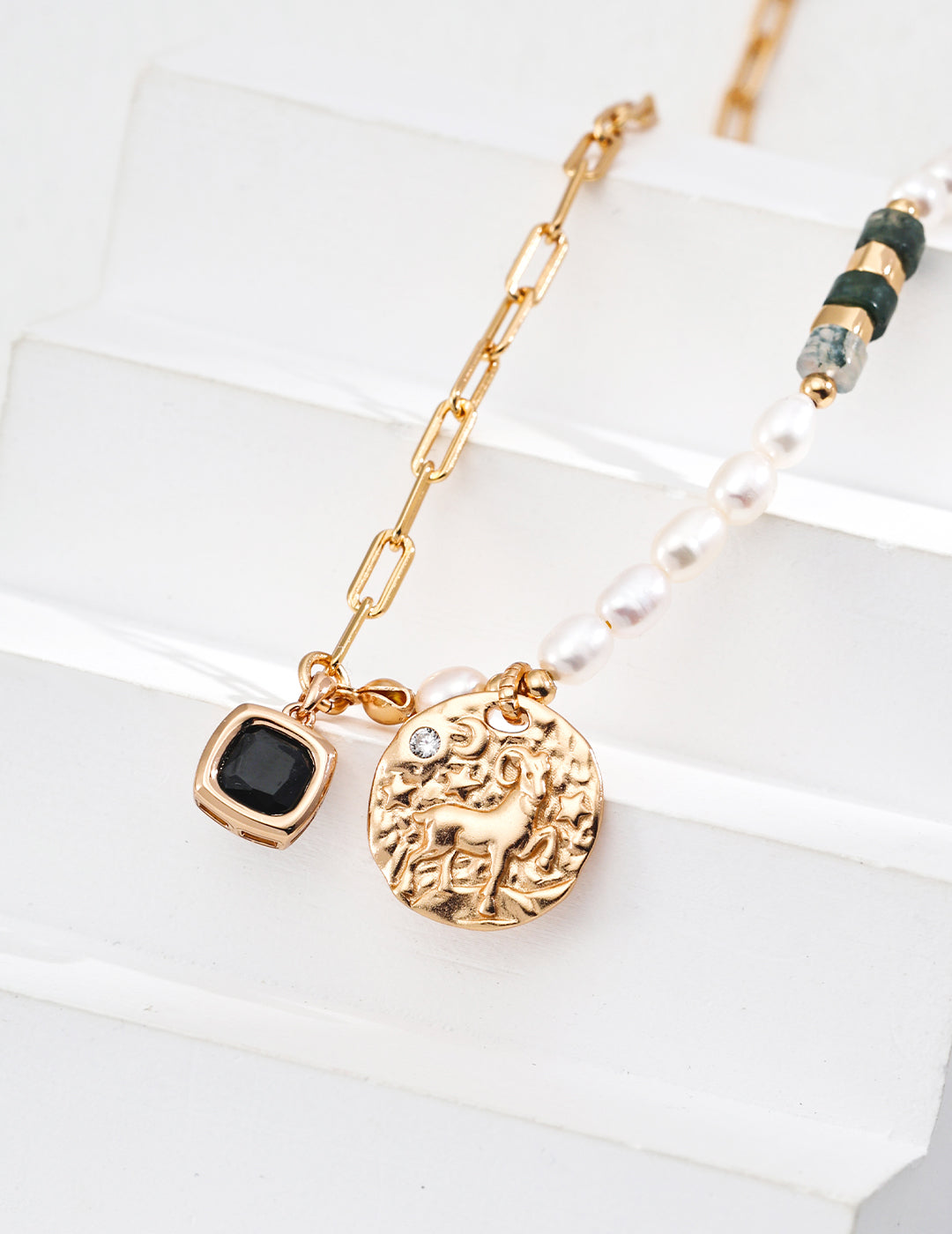 S925 Gold-Plated Natural Pearl & Moss Agate Statement Necklace