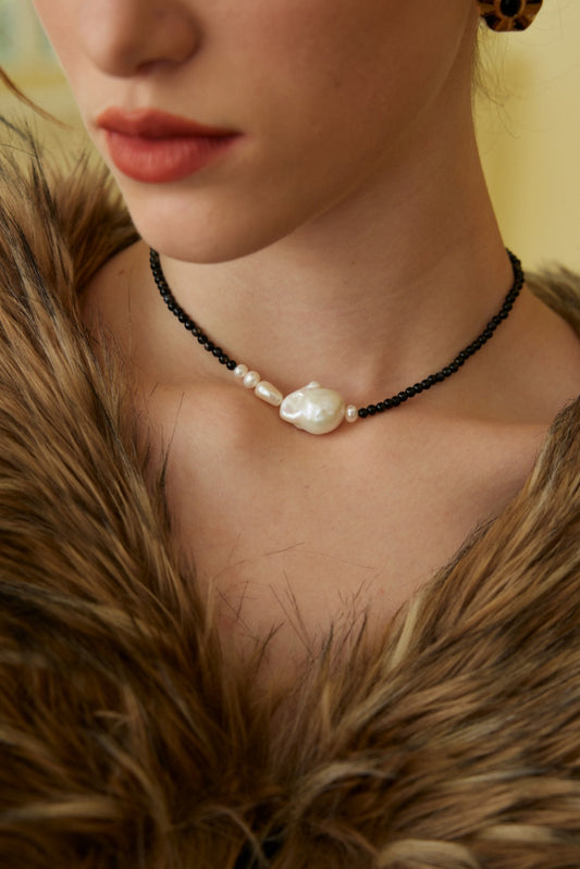 Minimalist Natural Pearl & Black Agate 925 Sterling Silver Necklace