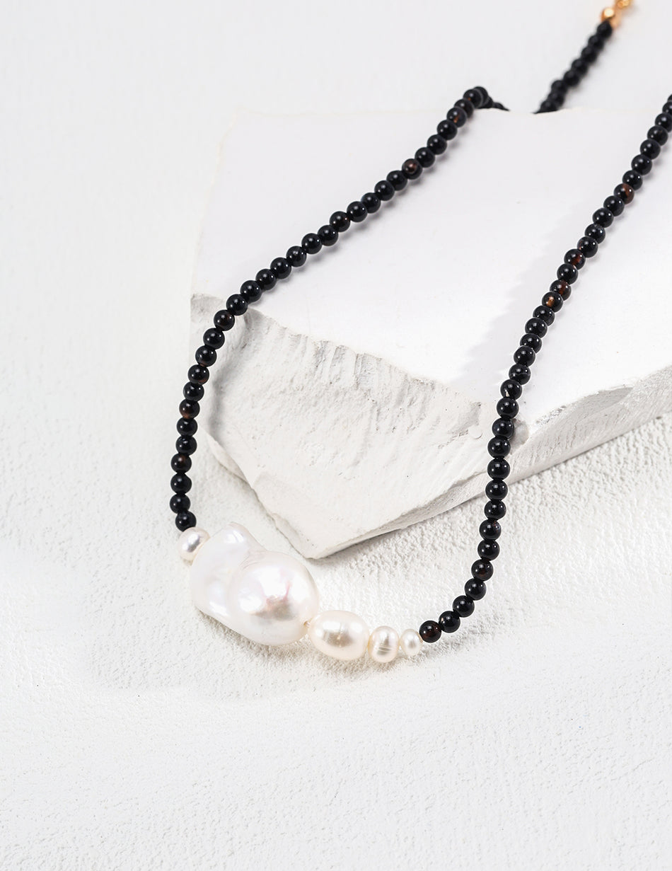 Minimalist Natural Pearl & Black Agate 925 Sterling Silver Necklace