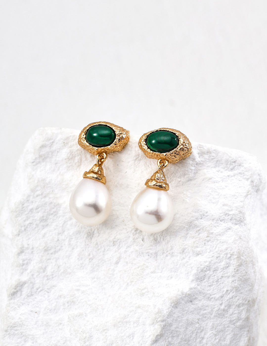 Verdant Drop 925 Sterling Silver Pearl & Malachite Earrings