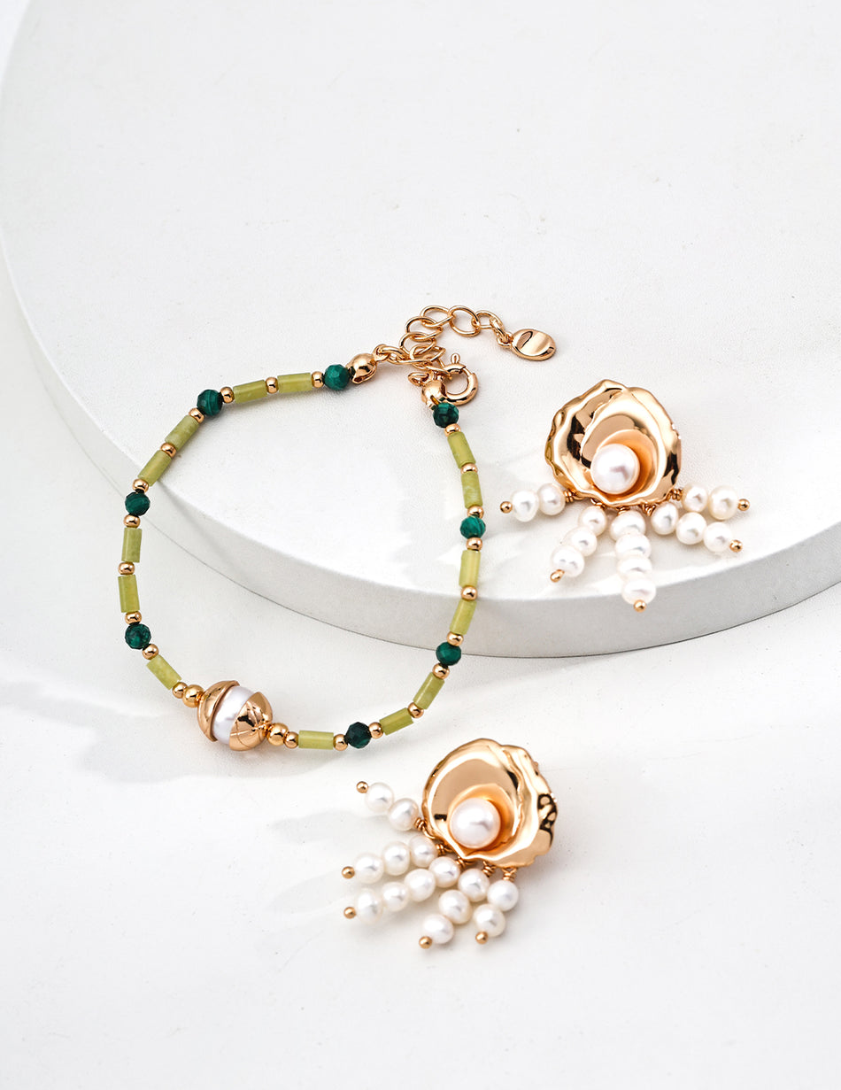 Garden Bloom 925 Sterling Silver Pearl Earrings & Bracelet Set