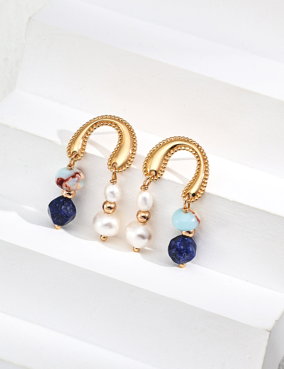 Sierra Drop Earrings – 925 Silver with Pearl, Lapis Lazuli & Shoushan Stone