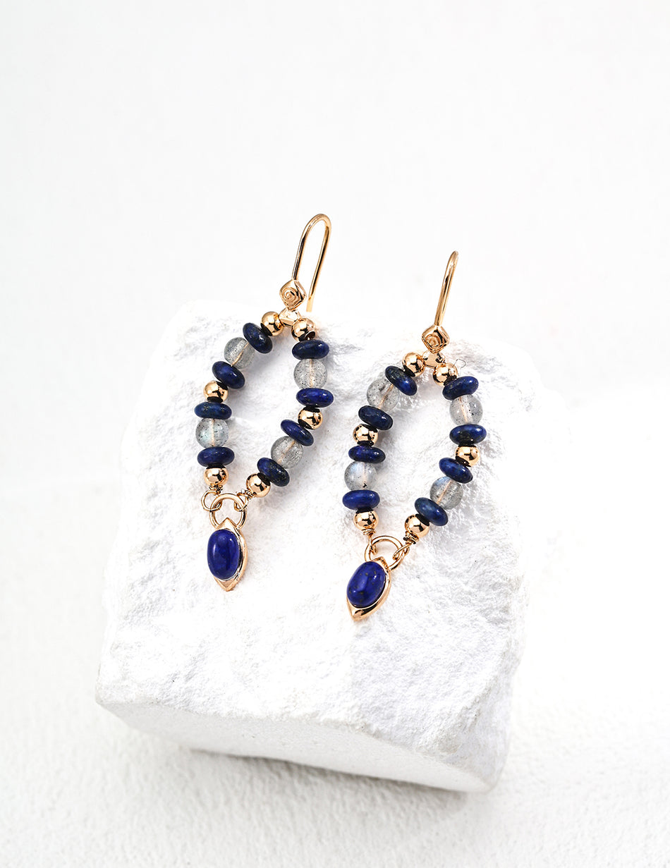 S925 Vintage Gold Earrings with Moonstone & Lapis Lazuli Drops