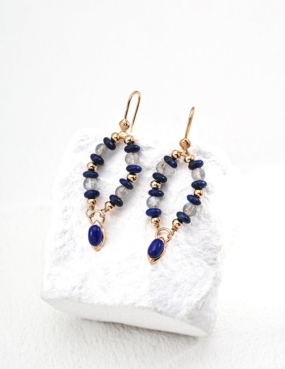 S925 Vintage Gold Earrings with Moonstone & Lapis Lazuli Drops