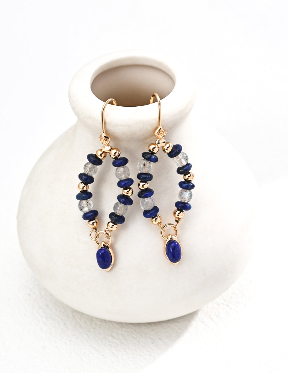 S925 Vintage Gold Earrings with Moonstone & Lapis Lazuli Drops
