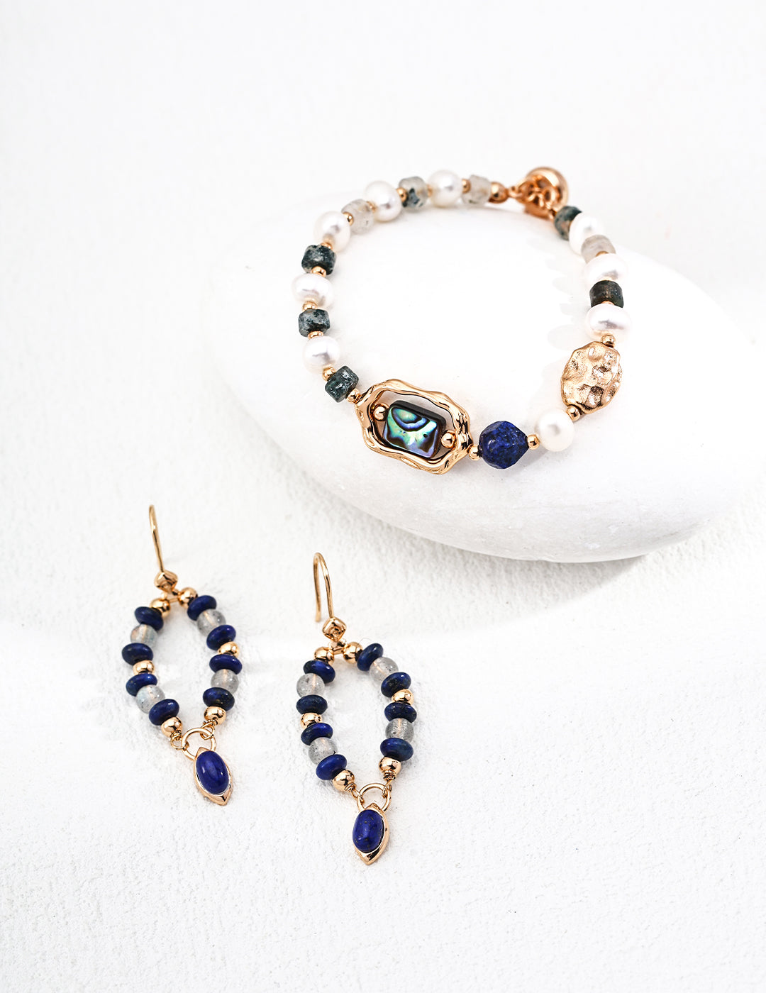 S925 Vintage Gold Earrings with Moonstone & Lapis Lazuli Drops