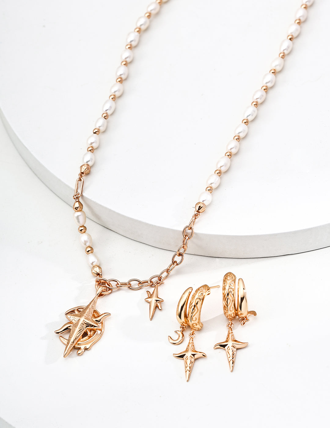 Celestial Prophecy Jewelry Set – 925 Silver Pearl Necklace & Earrings