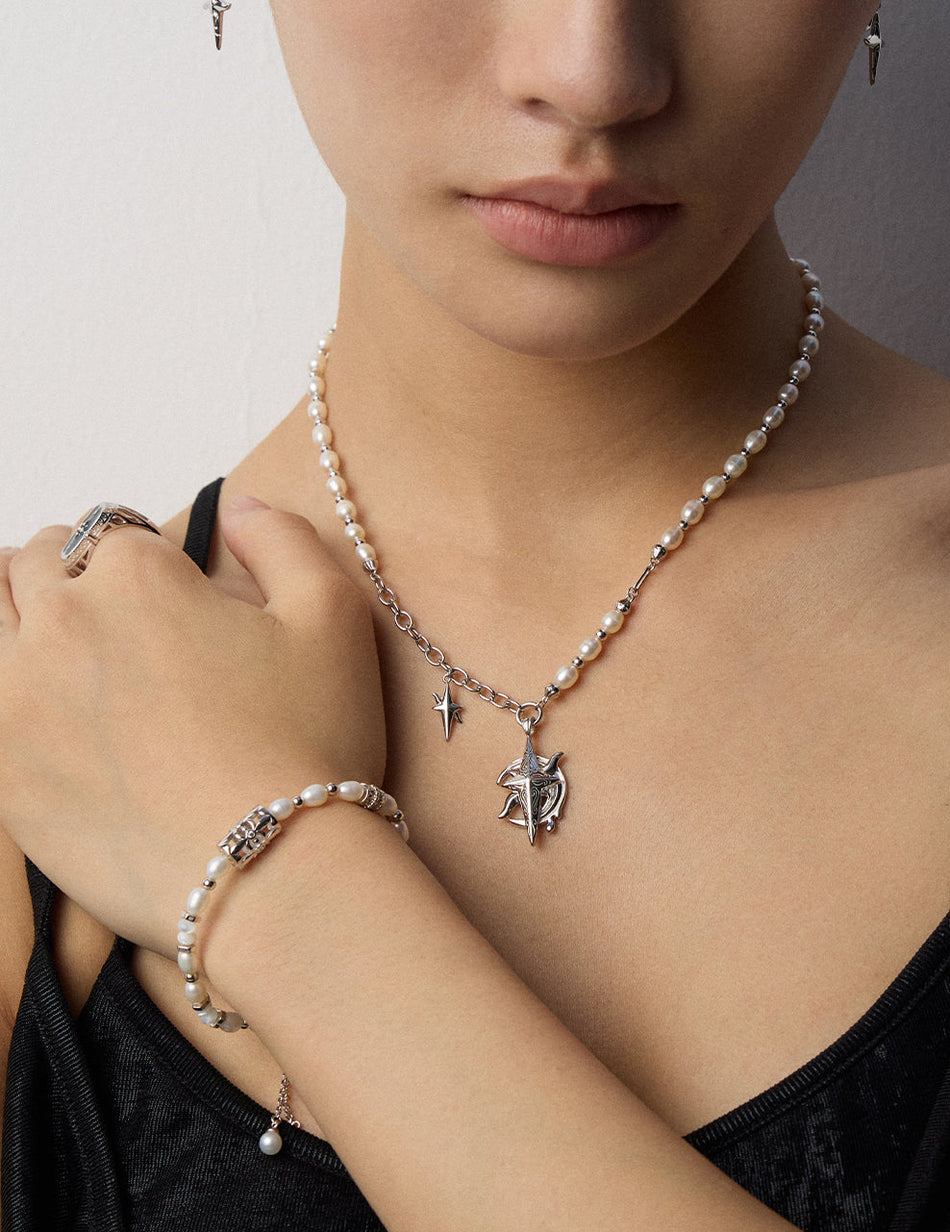 Celestial Prophecy Jewelry Set – 925 Silver Pearl Necklace & Earrings