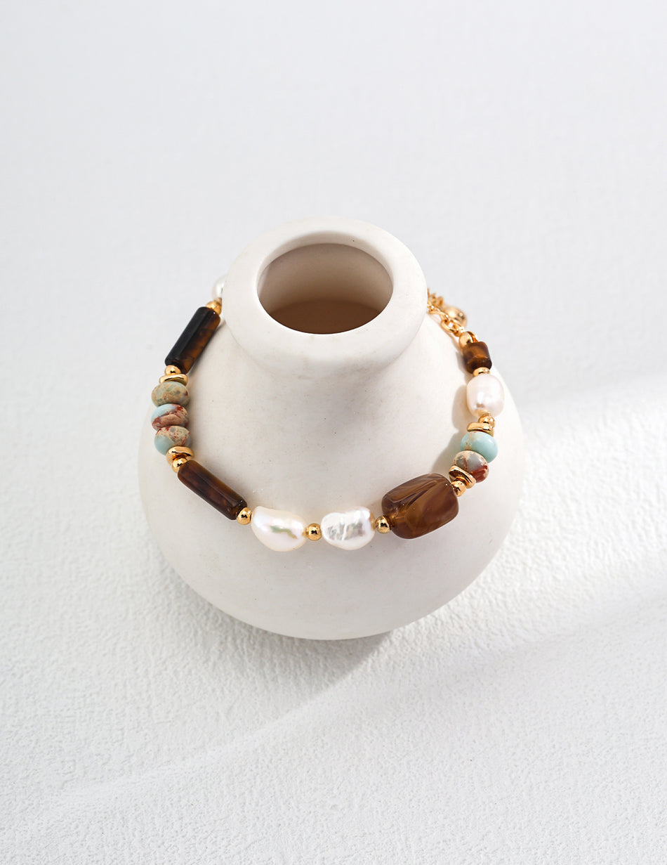 Natural Pearl & Gemstone Beaded Bracelet – 925 Silver with Shoushan Stone & Tiger’s Eye