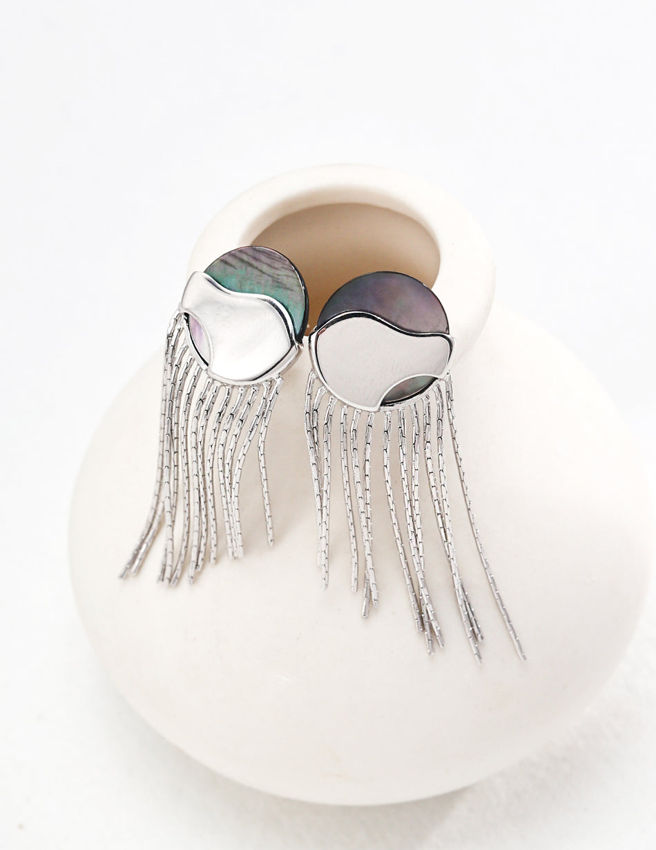 925 Sterling Silver Mother-of-Pearl Fringe Drop Earrings – Minimalist Long Tassel Design