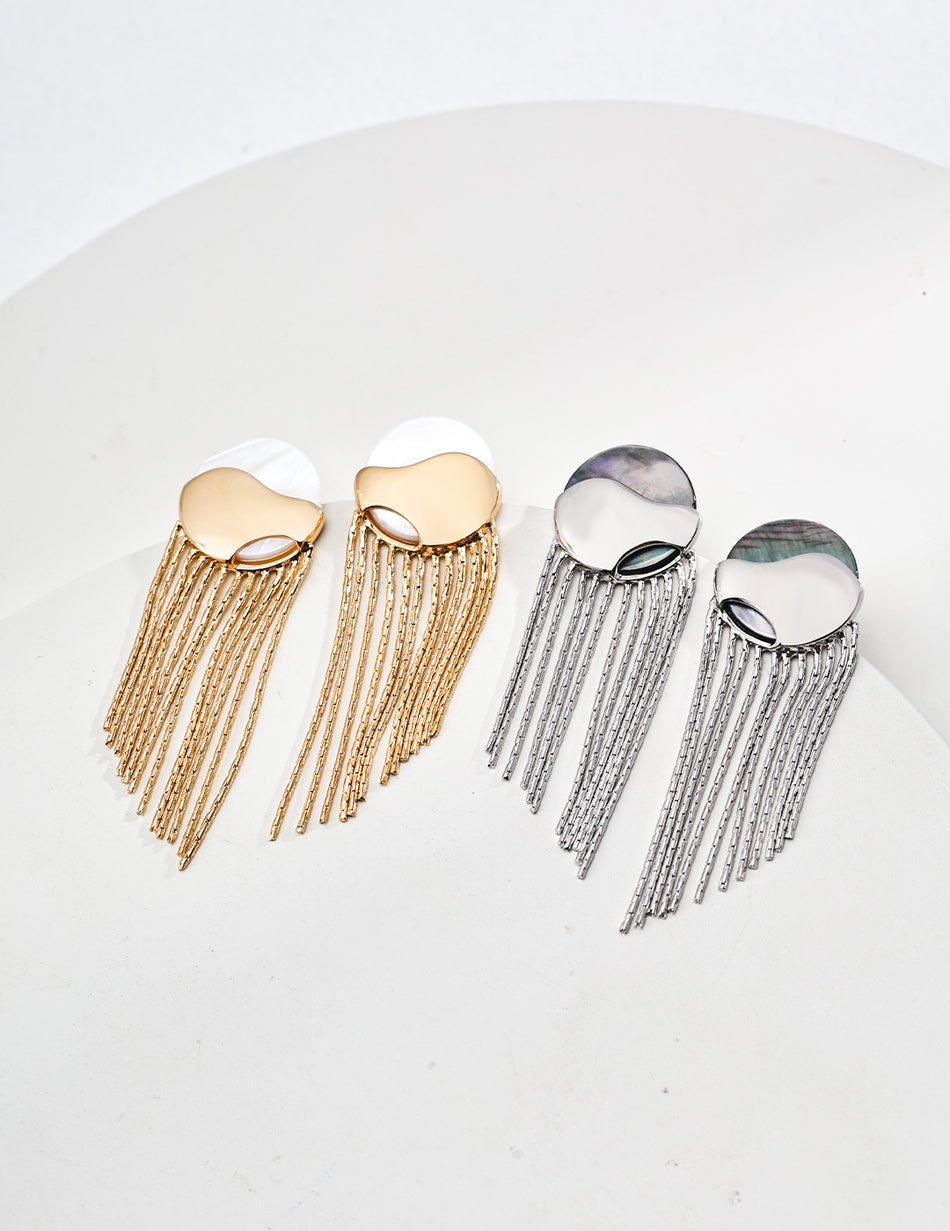 925 Sterling Silver Mother-of-Pearl Fringe Drop Earrings – Minimalist Long Tassel Design