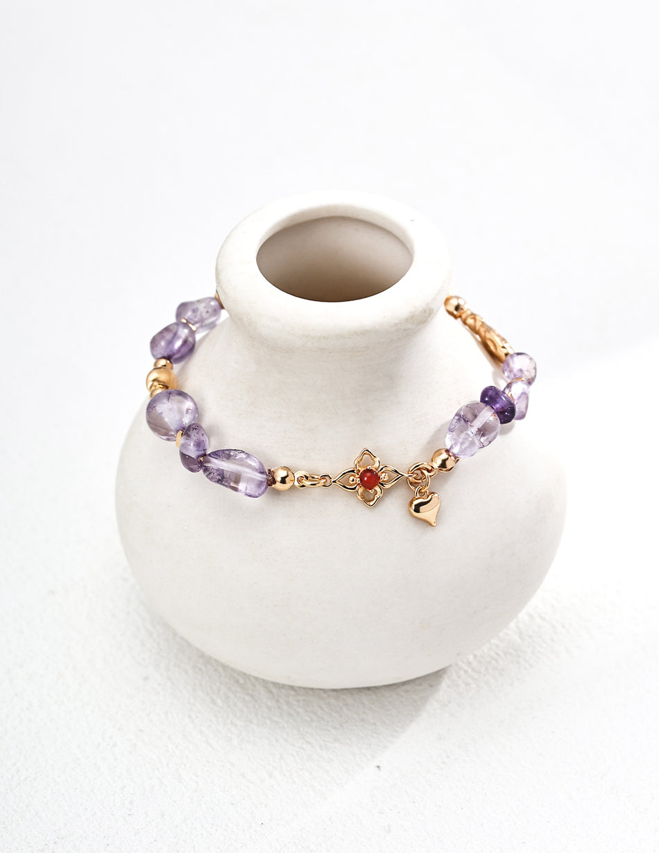 S925 Amethyst Red Agate Bracelet – Vintage Floral Charm Handmade Jewelry