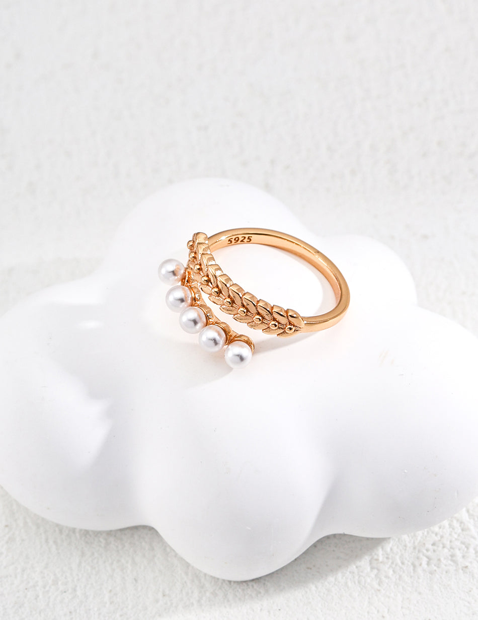 S925 Silver Adjustable Ring with Faux Pearls – Elegant Leaf Design, Open Band for Everyday Chic