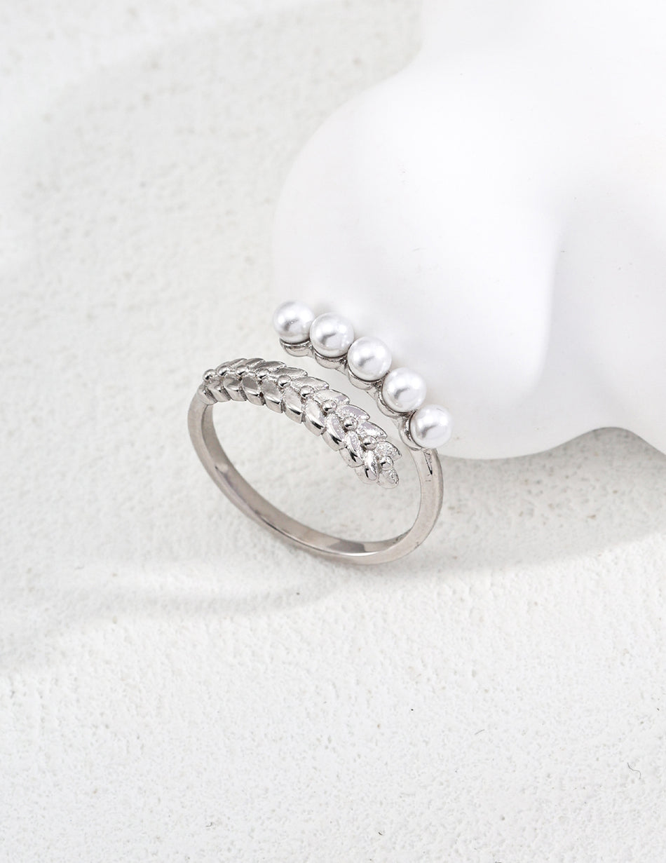 S925 Silver Adjustable Ring with Faux Pearls – Elegant Leaf Design, Open Band for Everyday Chic
