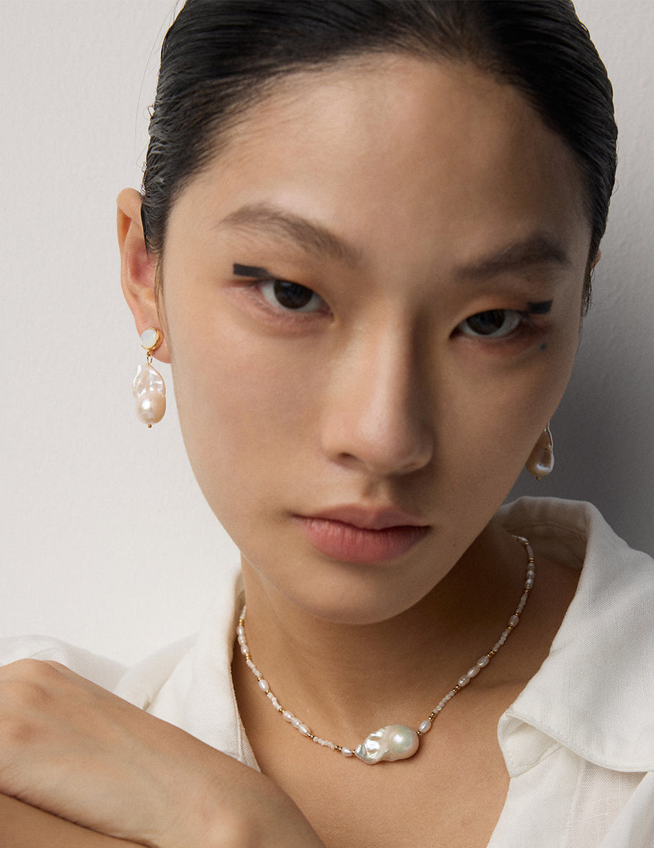 Baroque Pearl Drop Earrings & Pendant Necklace Set | S925 Sterling Silver Minimalist Shell Jewelry