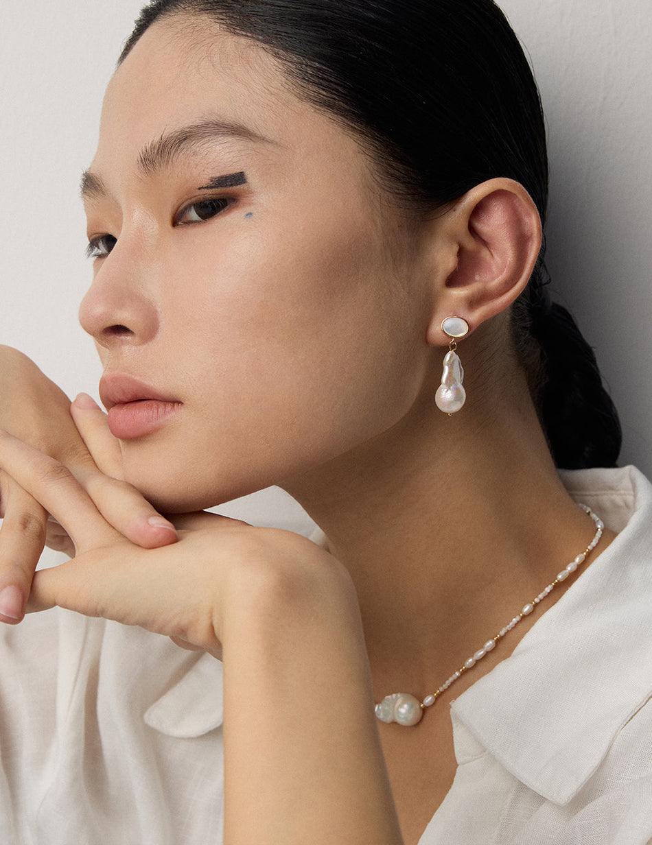 Baroque Pearl Drop Earrings & Pendant Necklace Set | S925 Sterling Silver Minimalist Shell Jewelry