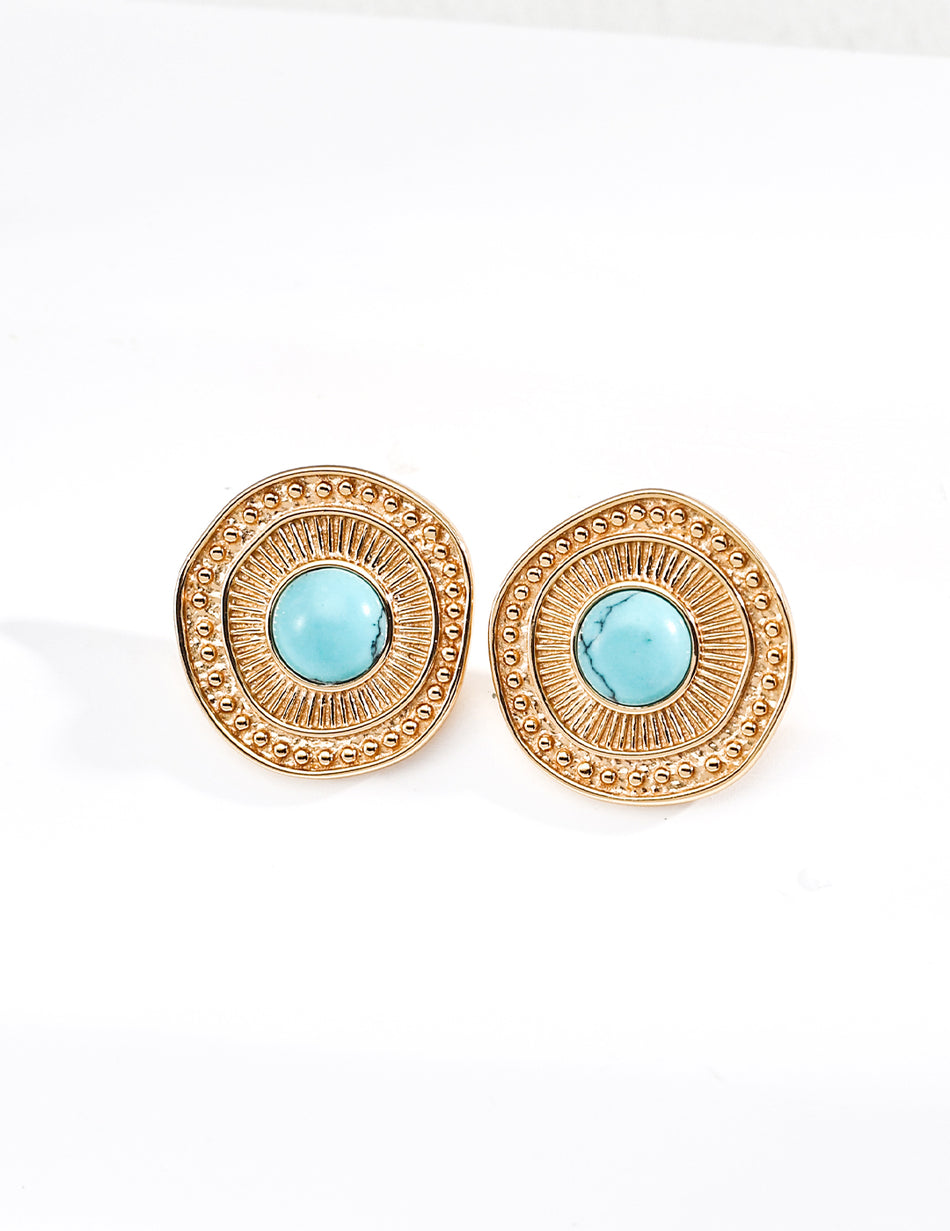 S925 Vintage Gold Plated Turquoise Earrings – Retro Textured Design | Handmade Sterling Silver Studs