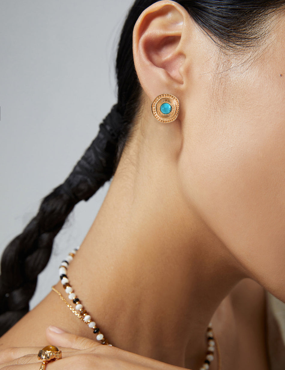 S925 Vintage Gold Plated Turquoise Earrings – Retro Textured Design | Handmade Sterling Silver Studs