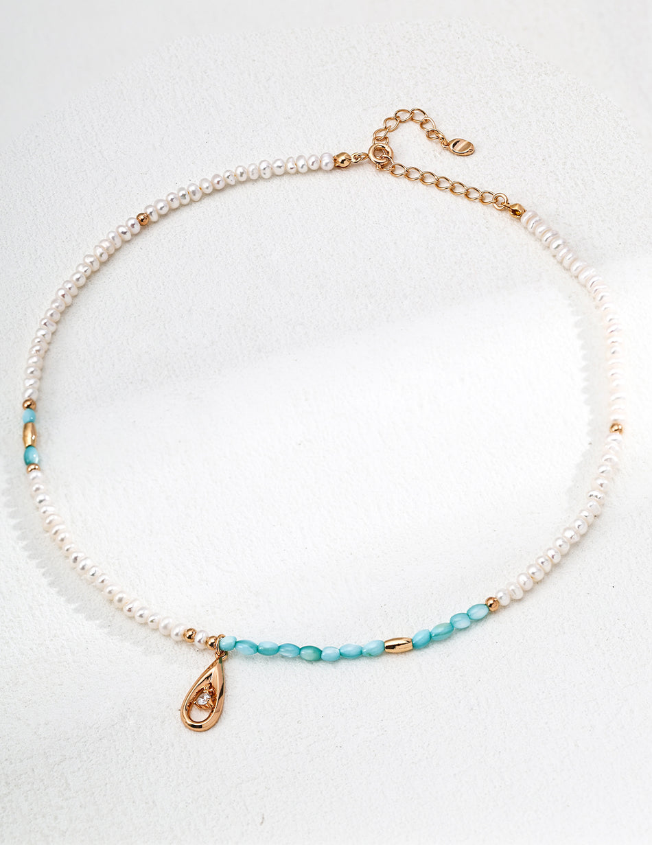 S925 Sterling Silver Natural Pearl & Blue Mother-of-Pearl Beaded Necklace – Adjustable Vintage Gold Chain