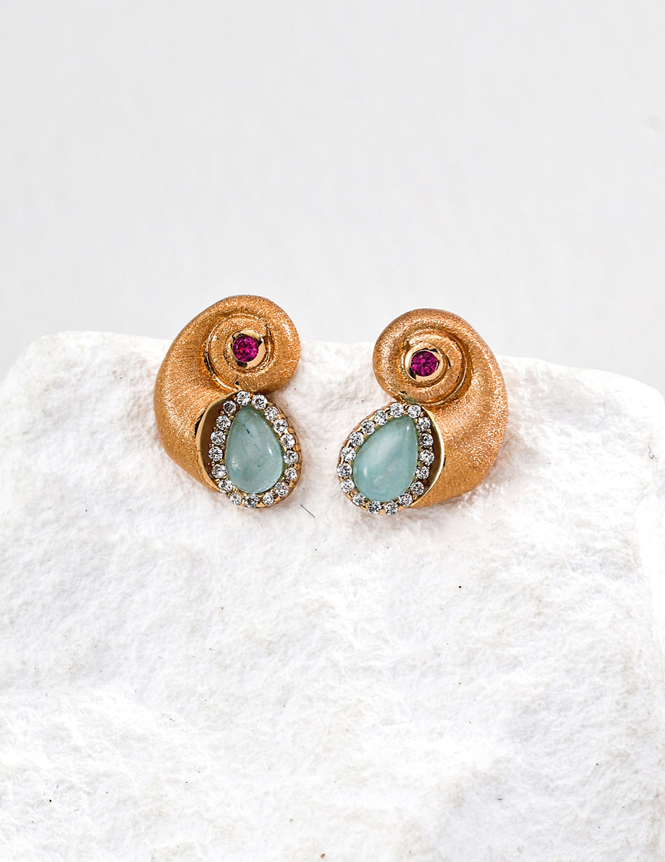 S925 Silver Vintage Earrings | Shell-Inspired Design with Gemstone Inlay, Retro Gold Women’s Jewelry