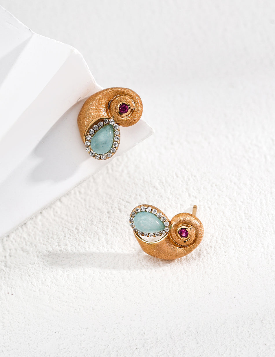 S925 Silver Vintage Earrings | Shell-Inspired Design with Gemstone Inlay, Retro Gold Women’s Jewelry