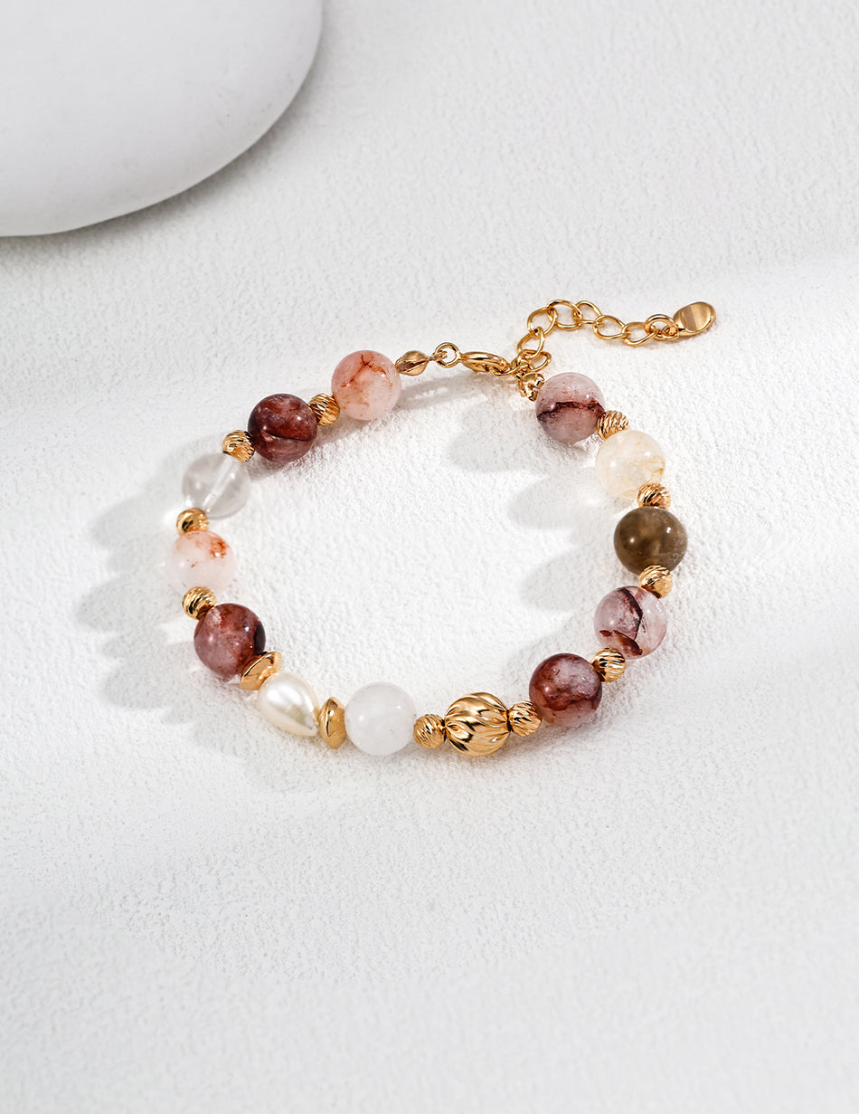 S925 Silver Vintage Pearl Bracelet | Natural Red Flower Crystal with Carved & Twisted Beads, Retro Gold Women’s Jewelry