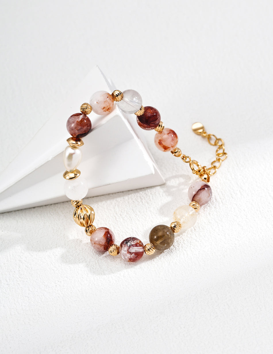 S925 Silver Vintage Pearl Bracelet | Natural Red Flower Crystal with Carved & Twisted Beads, Retro Gold Women’s Jewelry