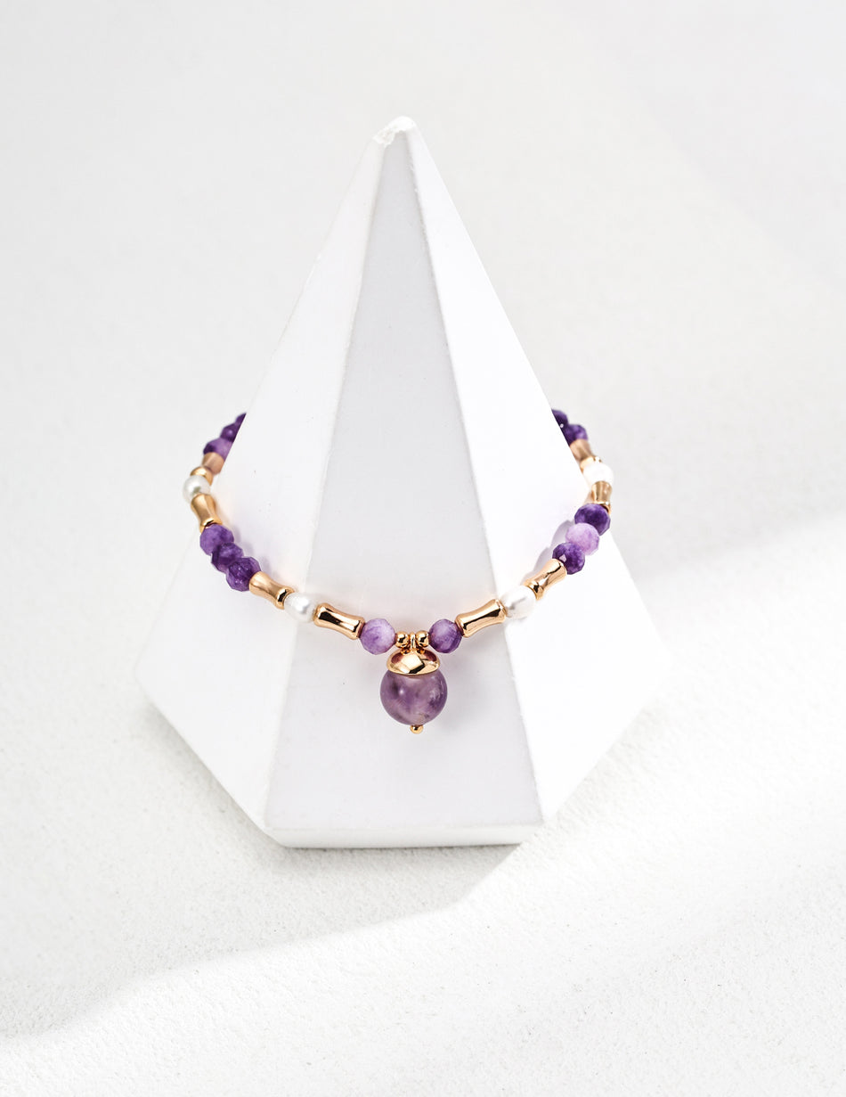 S925 Sterling Silver Amethyst & Pearl Bracelet – Adjustable Vintage Gold Chain for Women