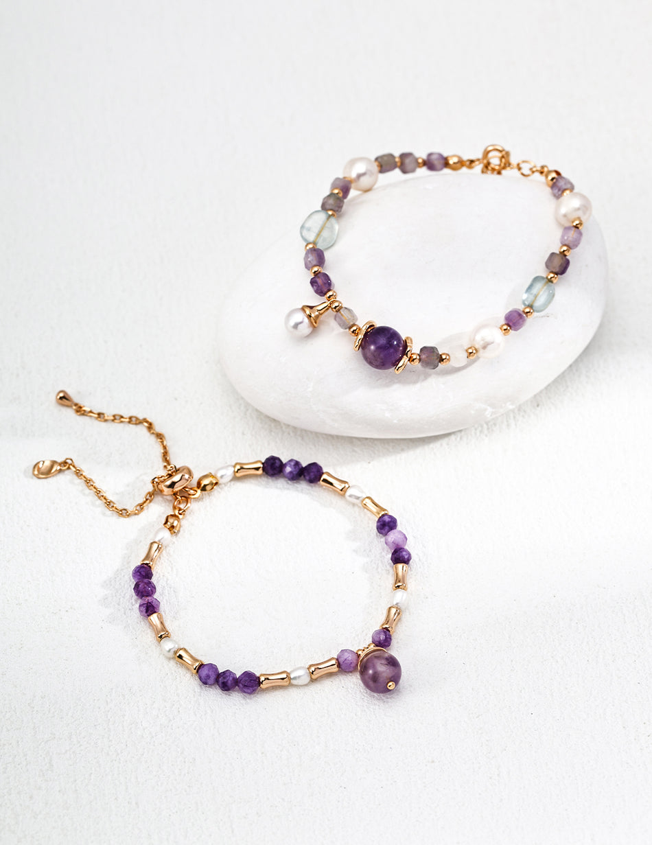 S925 Sterling Silver Amethyst & Pearl Bracelet – Adjustable Vintage Gold Chain for Women