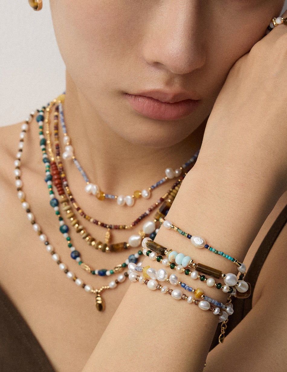 Natural Pearl & Gemstone Beaded Bracelet – 925 Silver with Shoushan Stone & Tiger’s Eye